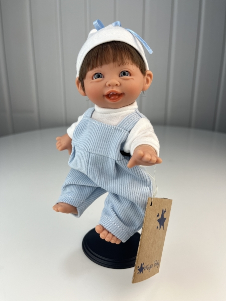 картинка испанские Кукла Джестито "Инфант", 18 см, в голубом комбинезоне, темные волосы, улыбается,  арт. 10000U-15 интернет-магазин TuKiTu.ru